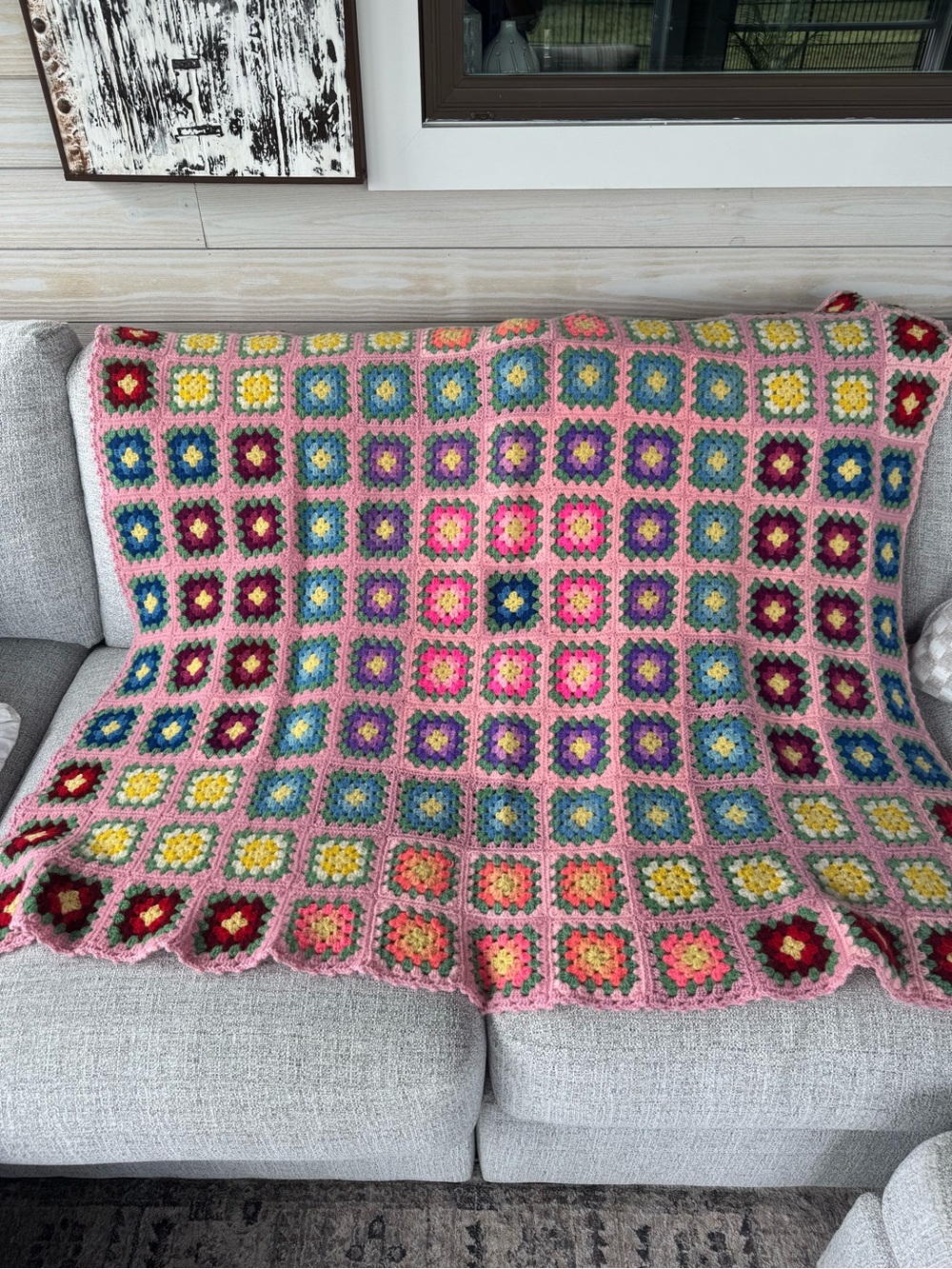 VTG Handmade Crochet Granny Square Blanket in Pink Multicolor Squares 44x52
